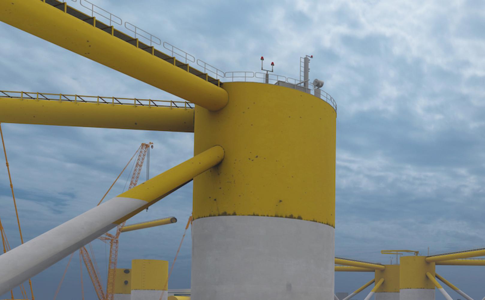 Visual rendering of an offshore wind production site.