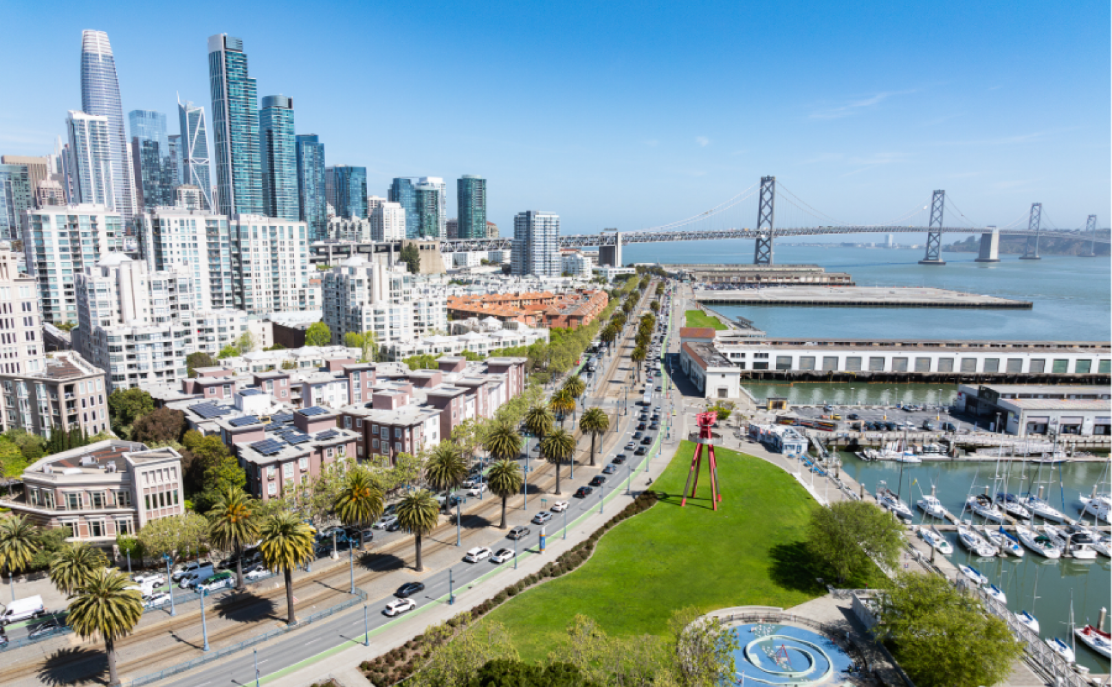 Aerial view of central waterfront from Bay Bridge to South Beach Harbor
