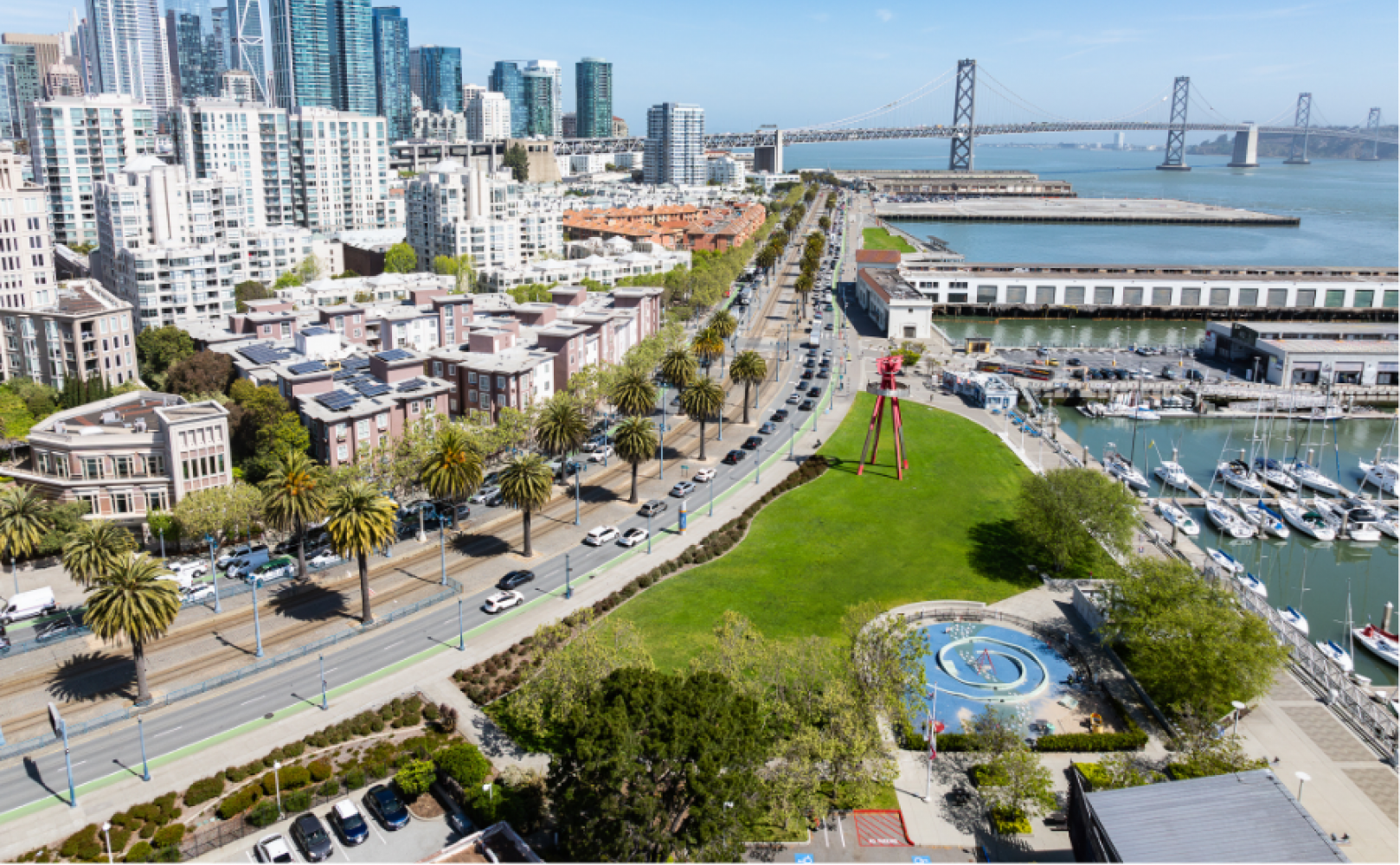 Aerial view of central waterfront from Bay Bridge to South Beach Harbor