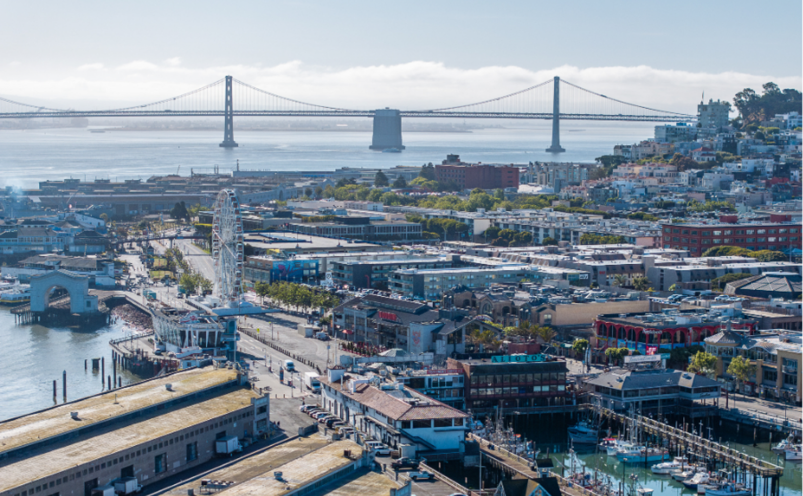 Aerial photo of Fisherman's Wharf looking south towards the Bay Bridge