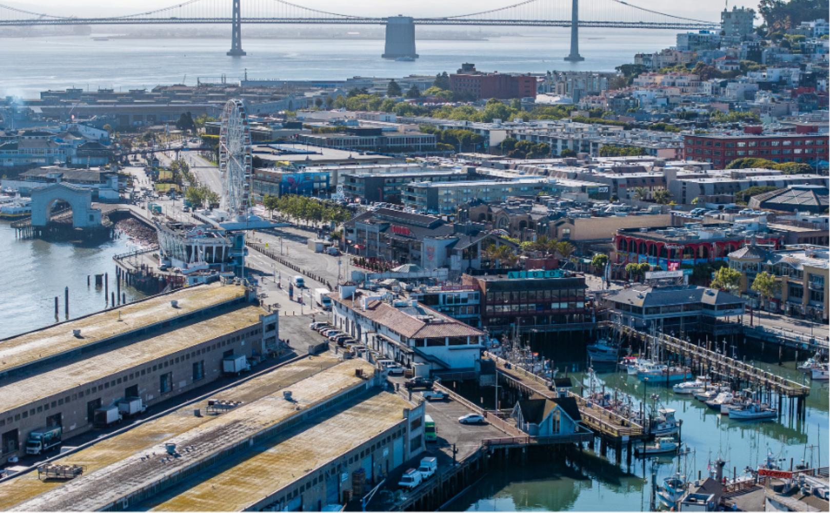 Aerial photo of Fisherman's Wharf looking south towards the Bay Bridge
