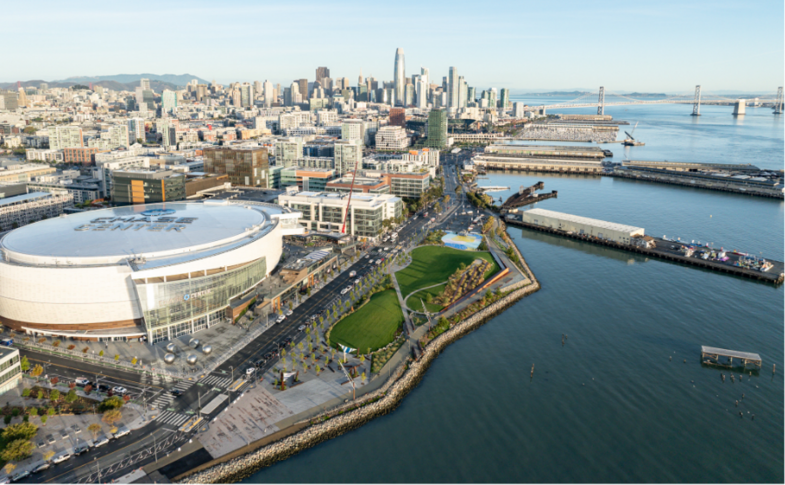 Aerial photo of waterfront from Bay Bridge south to Bayfront Park 