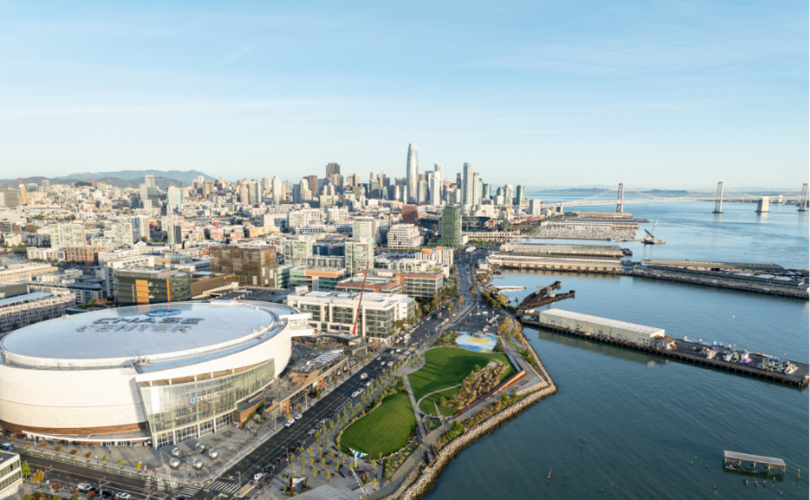 Aerial photo of waterfront from Bay Bridge south to Bayfront Park 