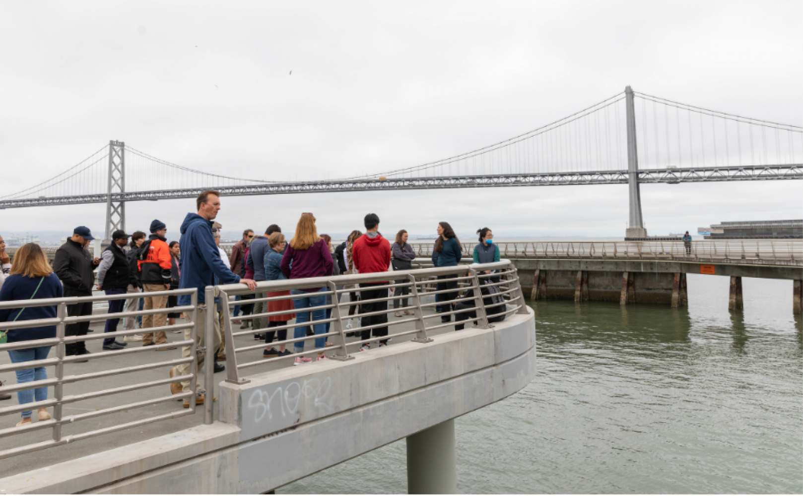 People standing on a pier overlooking the water and Bay Bridge