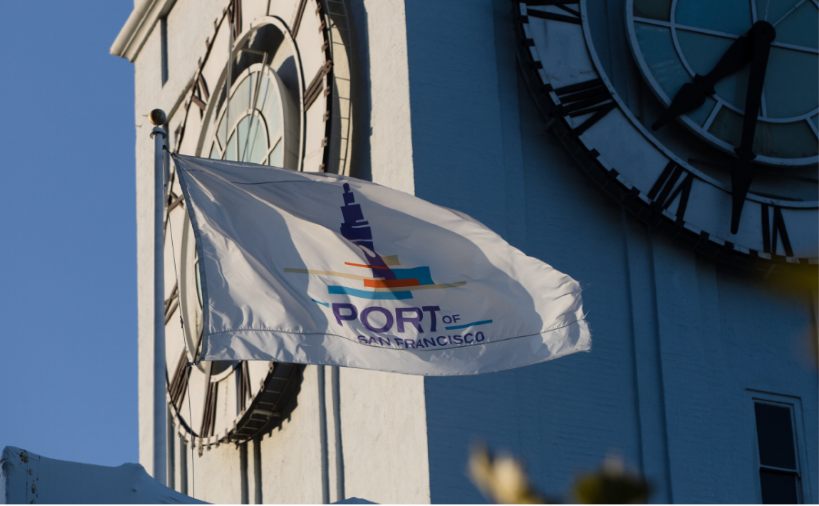 Port flag flies above the Ferry Building