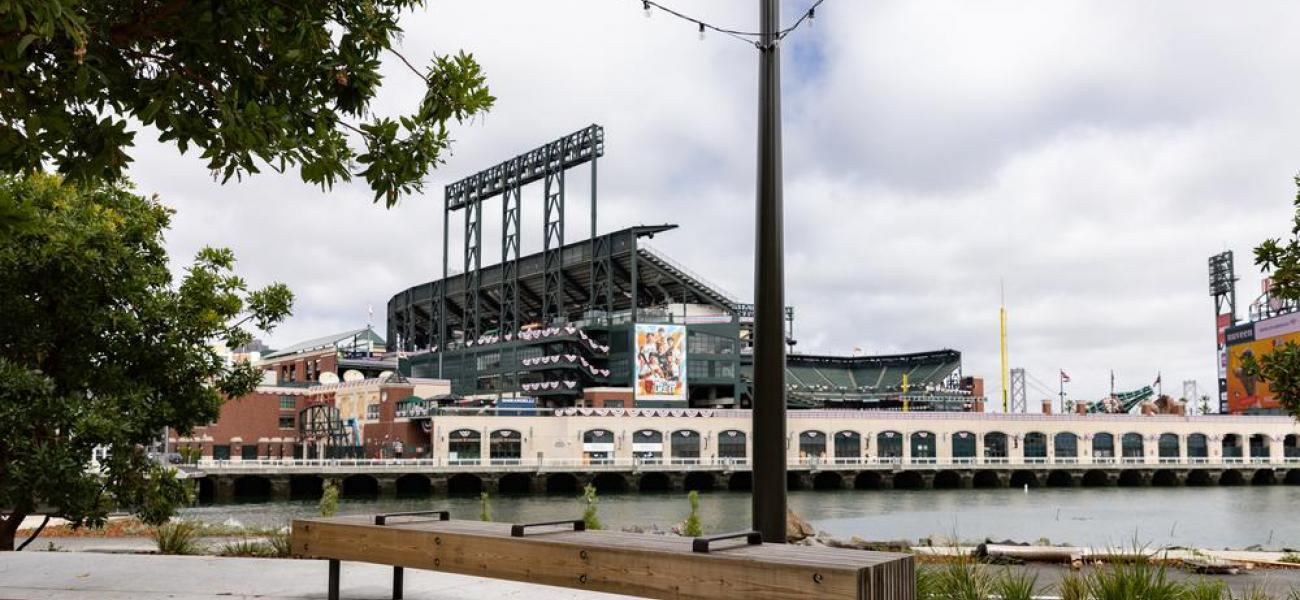 Bench overlooks Oracle Park and China Basin