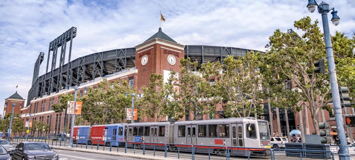 Muni train in front of Oracle Park