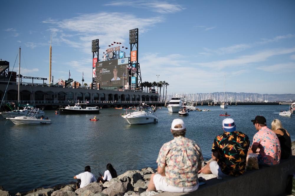 Boats and kayakers in McCovey Cove during a Giants game