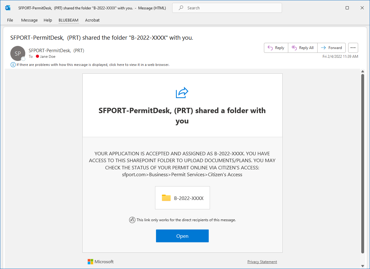 SharePoint folder link emailed by Port Permit Desk
