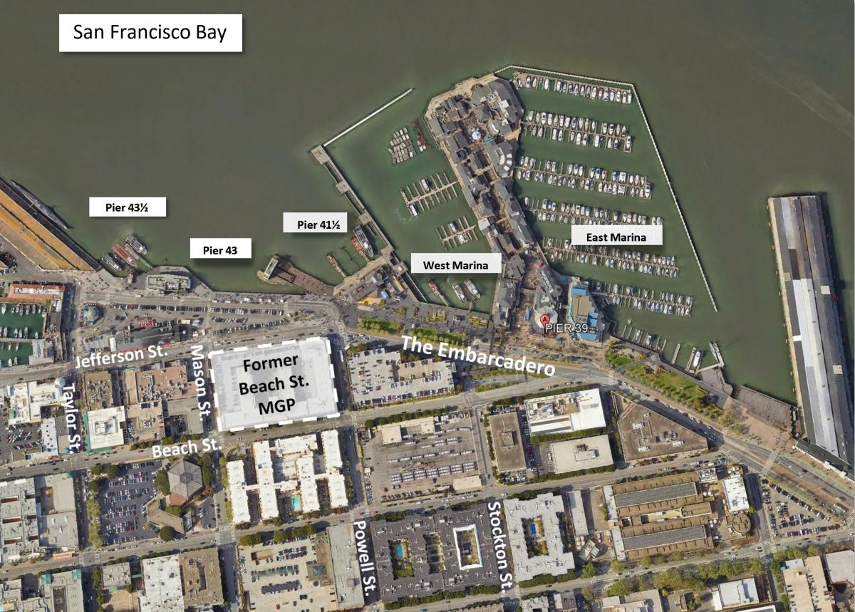 Beach Street project areas include Pier 43 1/2, Pier 43, Pier 41 1/2, and the Pier 39 West Marina and East Marina.