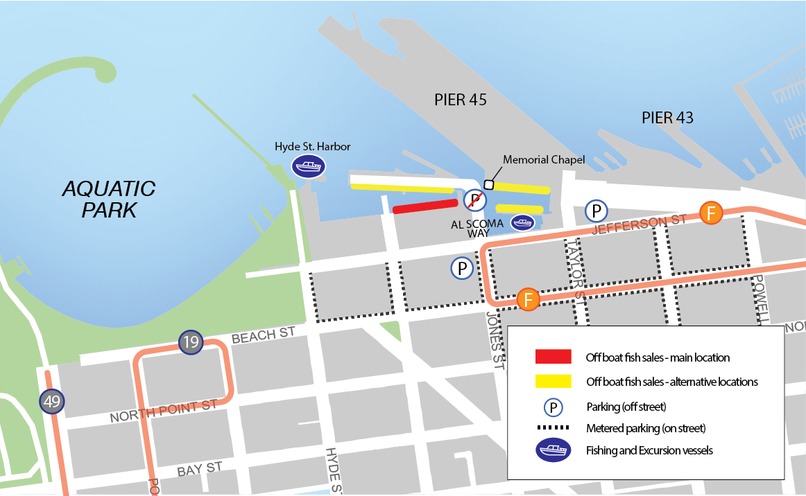 Map showing parking and transit options to get to retail sales pier. Retail pier is located on Al Scoma Way behind the Jefferson Street businesses.Nearby transit options are the 19 and 49 buses and F historic streetcar. Parking lots are available nearby. On street parking is available around Fisherman's Wharf. No parking is allowed on Al Scoma Way.  