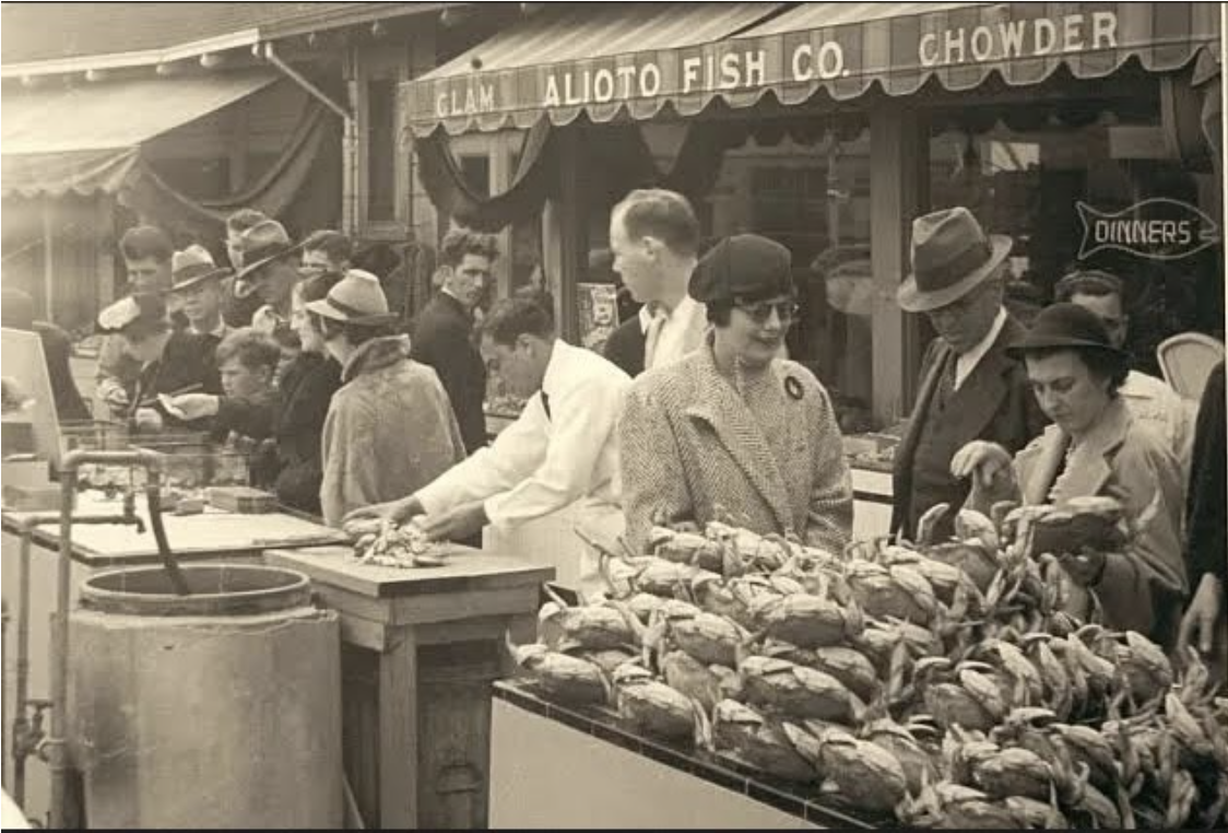 Crab sales on Taylor Street circa 1920. The text Alioto Fish Co is visible on an awning in the background.&nbsp;