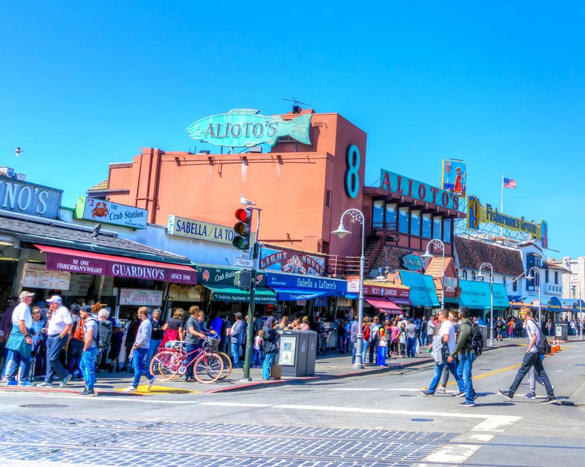 People walking on Taylor Street circa 2015, with Guardino’s, Sabella LaTorre, and Alioto’s Restaurant visible.&nbsp;