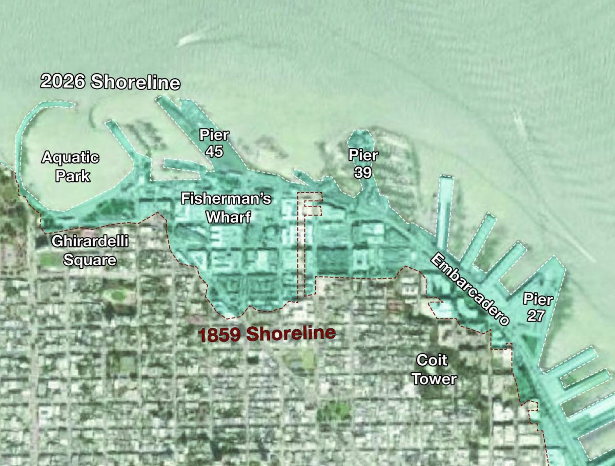 Map&nbsp;showing&nbsp;San&nbsp;Francisco’s&nbsp;northern waterfront&nbsp;with&nbsp;blue&nbsp;fill&nbsp;where&nbsp;water&nbsp;would&nbsp;have&nbsp;been&nbsp;in 1859.&nbsp;&nbsp;