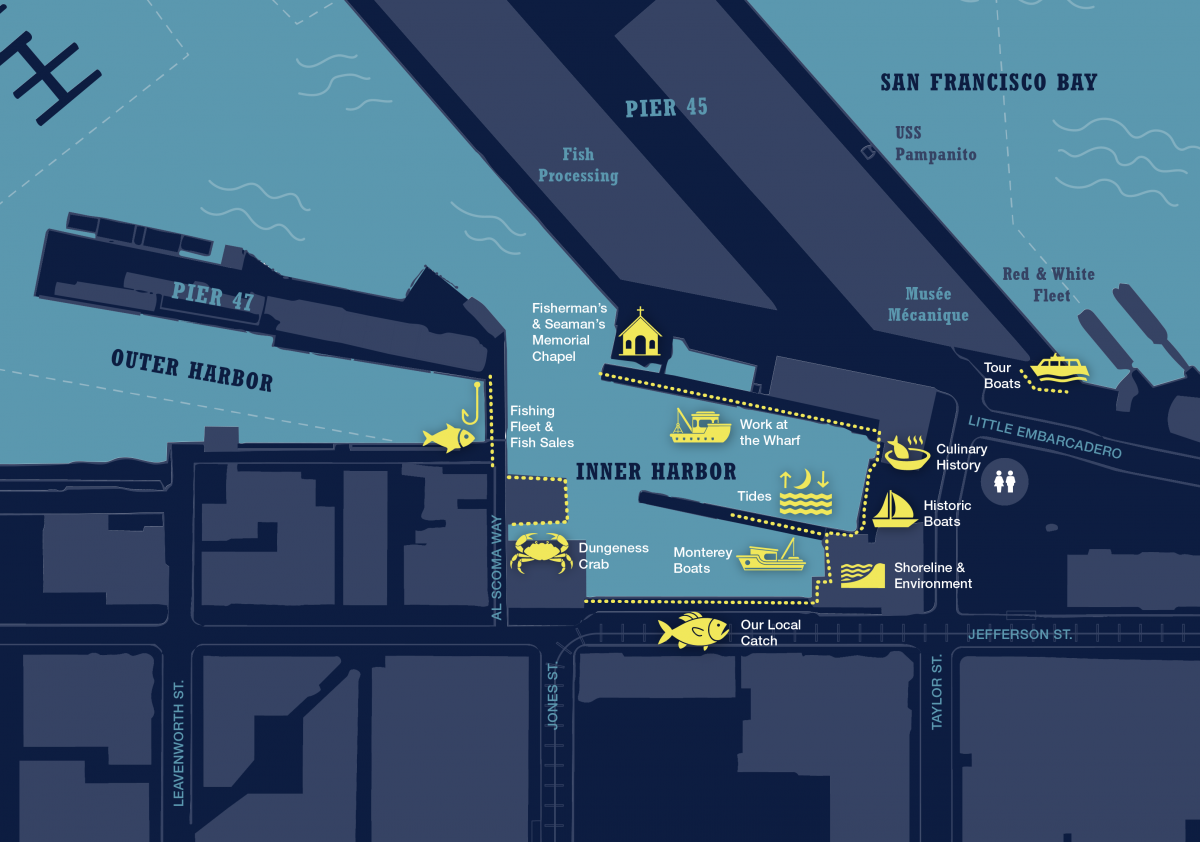 Graphic map of the Harbor Walk showing the program extent around the Inner Harbor of Fisherman’s Wharf.