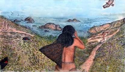 Illustration of Ohlone people traveling along San Francisco Bay.