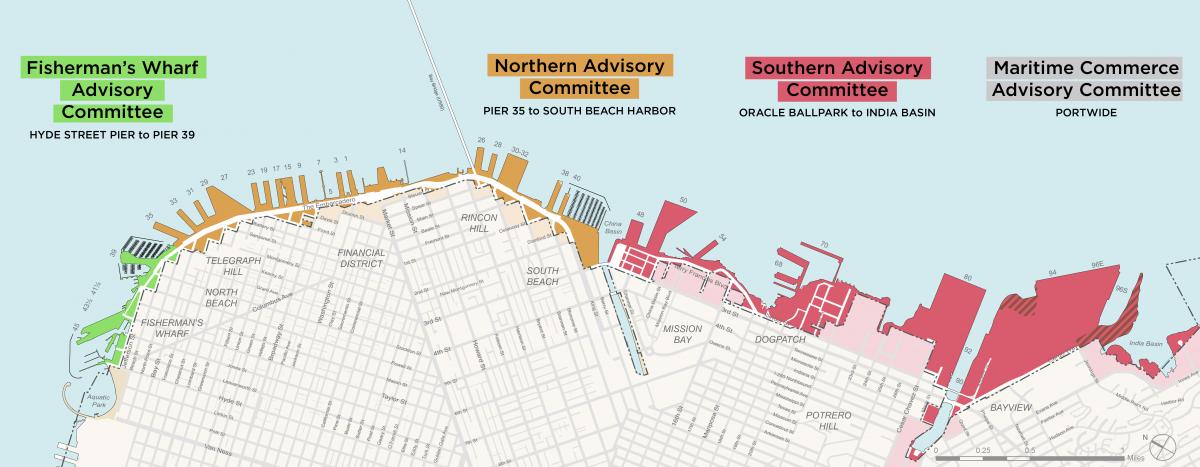 Map showing the jurisdictions of the Port's Fisherman's Wharf, Northern and Southern advisory committees.