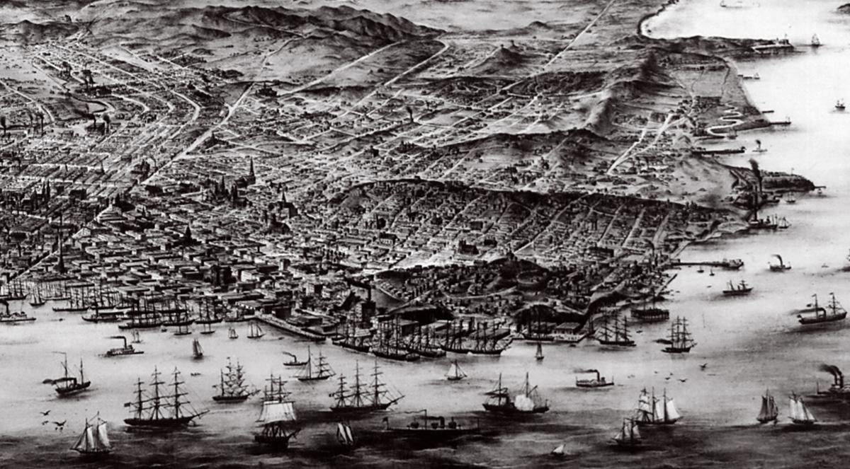 Black&nbsp;and&nbsp;white&nbsp;historic&nbsp;aerial&nbsp;perspective&nbsp;drawing&nbsp;of&nbsp;San&nbsp;Francisco’s&nbsp;shoreline,&nbsp;with&nbsp;Italy Harbor and Fisherman’s Wharf labeled.&nbsp;