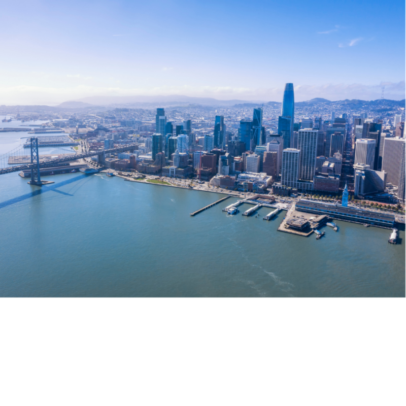 San Francisco skyline from Ferry Building looking south to Bay Bridge