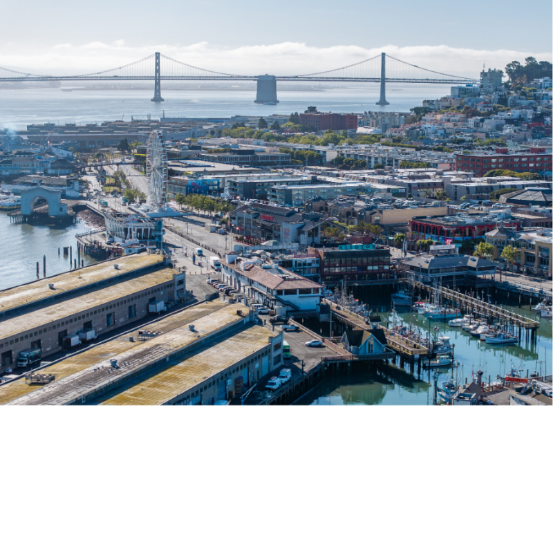 Aerial photo of Fisherman's Wharf looking south towards the Bay Bridge