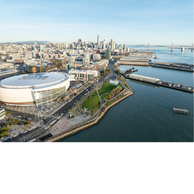 Aerial photo of waterfront from Bay Bridge south to Bayfront Park 
