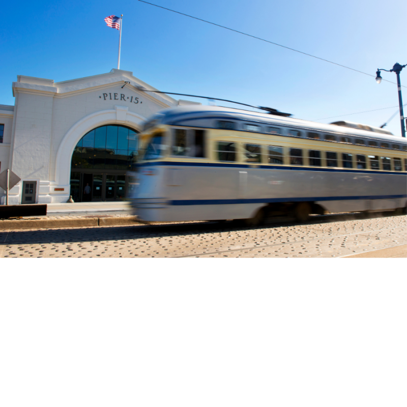 Streetcar zooms by Pier 15 in a blur