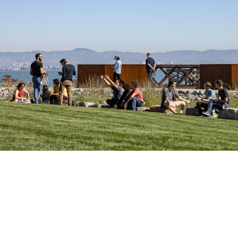 People sitting along a rock wall at a park